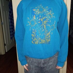 Hanes Blue Crew Neck Sweater with Sunflower Design